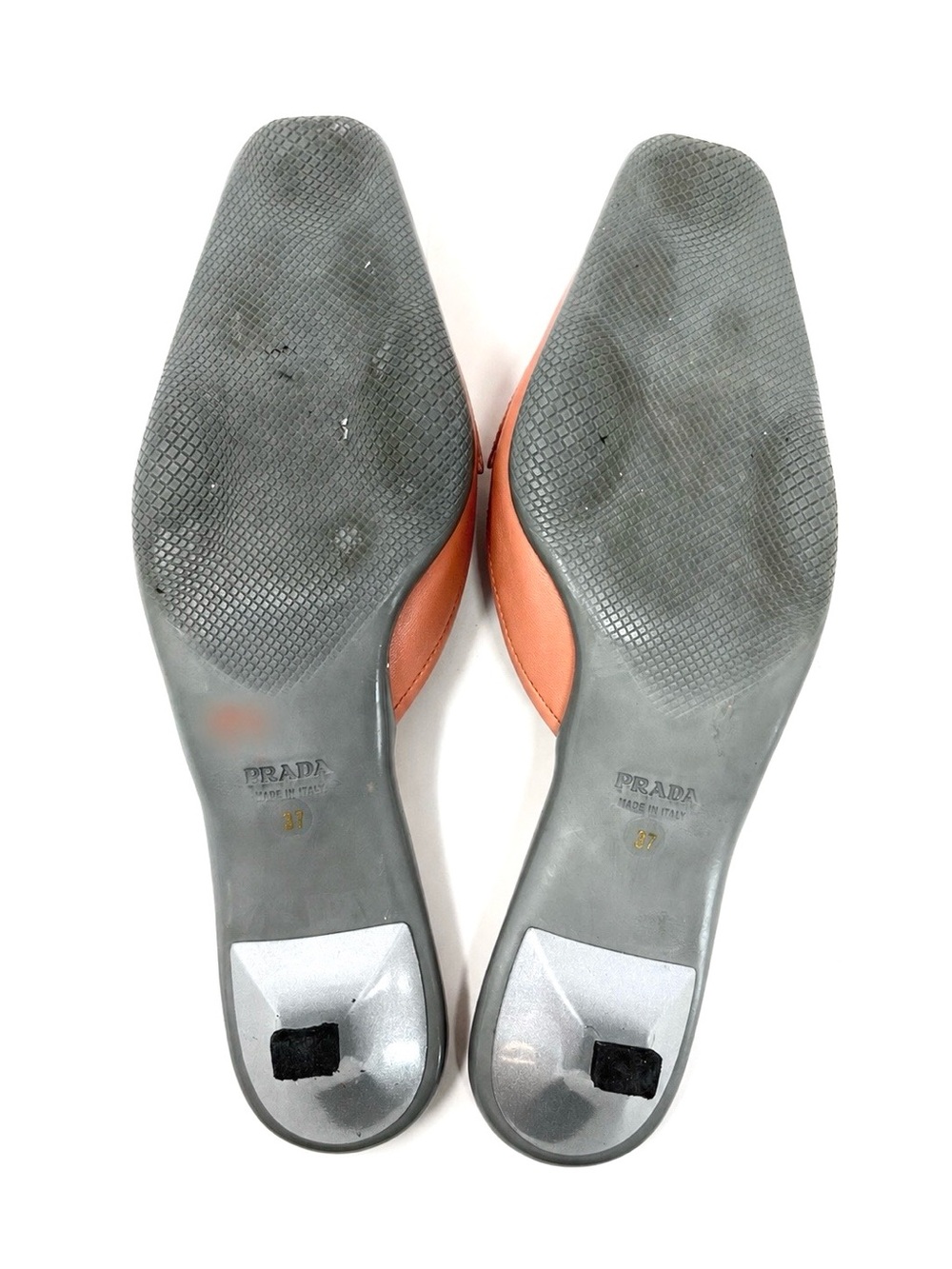 Vintage Prada Y2K Pink Coral Peach Leather Logo Buckle Mules Kitten Heels 37 7 - Picture 11 of 12
